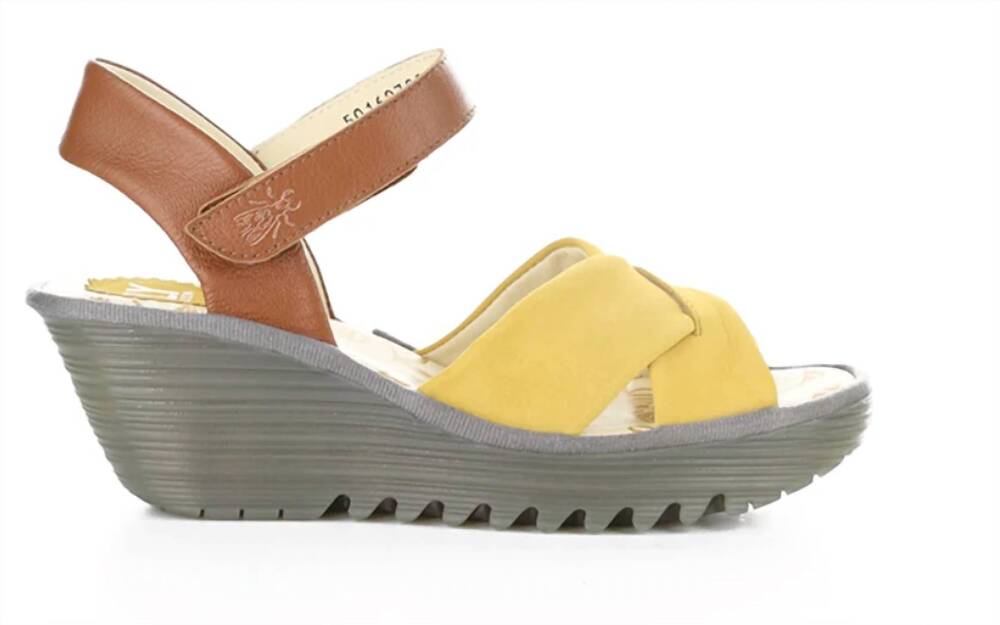 NEW FLY LONDON women's yorg ankle strap platform wedge sandal in bumblebee tan